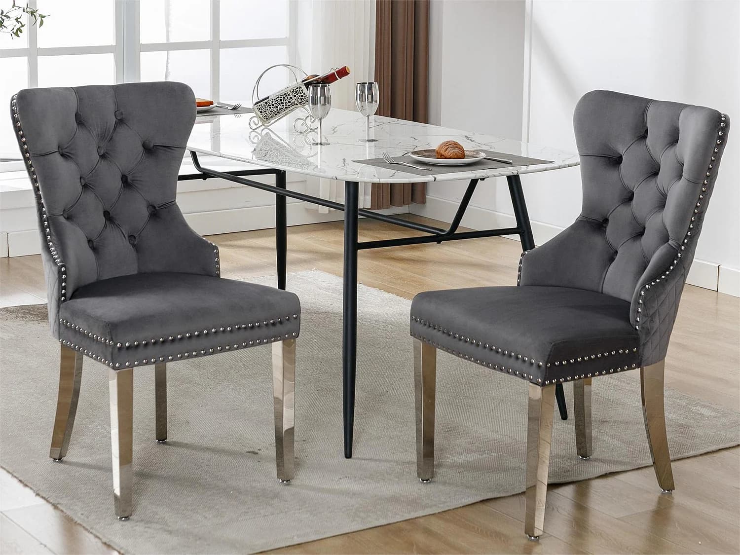 Lot de 2 chaises en velours avec pieds métallique - Gris