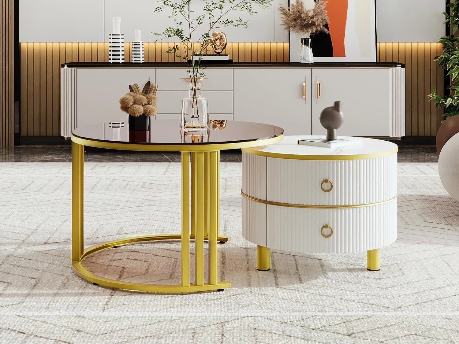 Lot de 2 tables basses gigognes avec 2 tiroirs - plateau en verre trempé Marron - Blanc