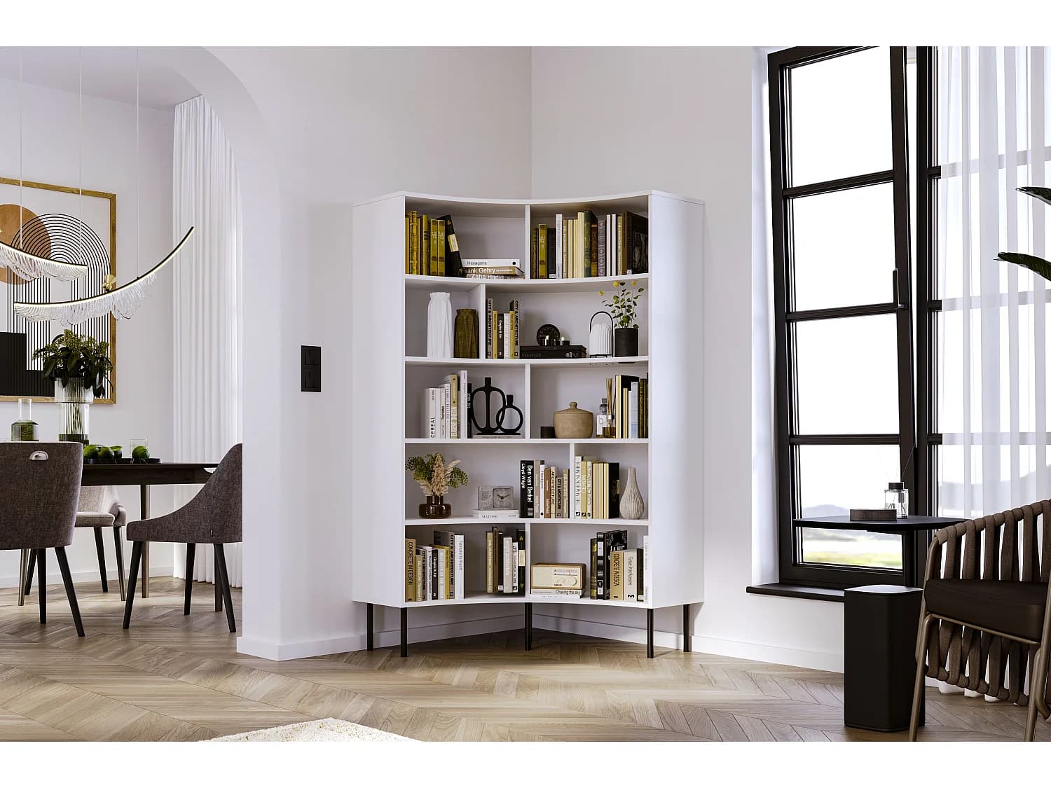 Bibliothèque d'angle moderne blanche pour livres HORN avec des pieds noirs / 100 cm