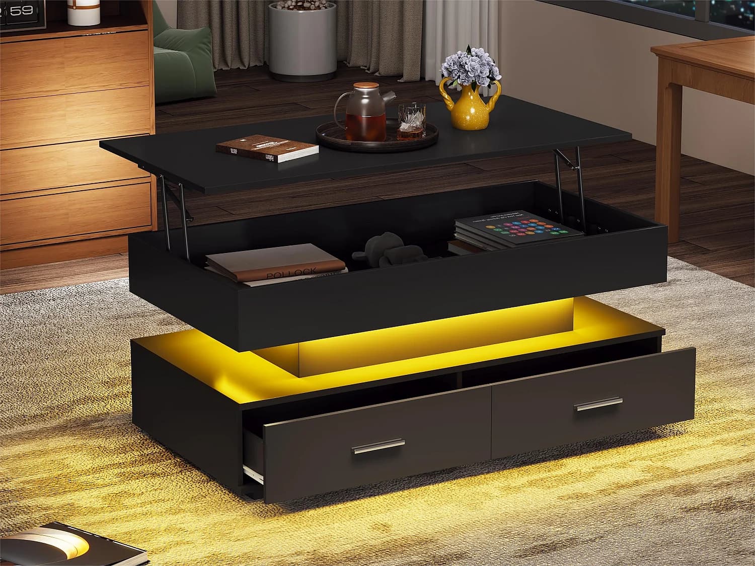 Table basse réglable en hauteur avec LED - 2 tiroirs - contrôlé par APP - Noir