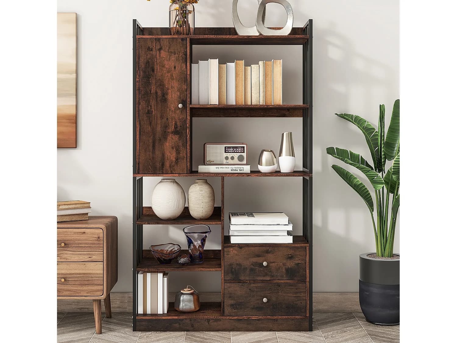 Bibliothèque à 6 étagères avec une porte et 2 tiroirs - 100 x 30 x 173.5 - Panneau de particules et métal - marron + noir