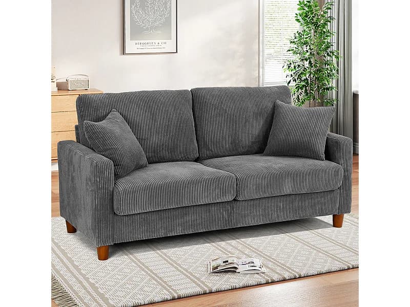 Canapé en Velours Côtelé 2 Places,Grand Canapé Droit Rembourré Moderne avec Sièges extra profonds de 56cm - 2 Coussins - 178x76x89cm - Gris