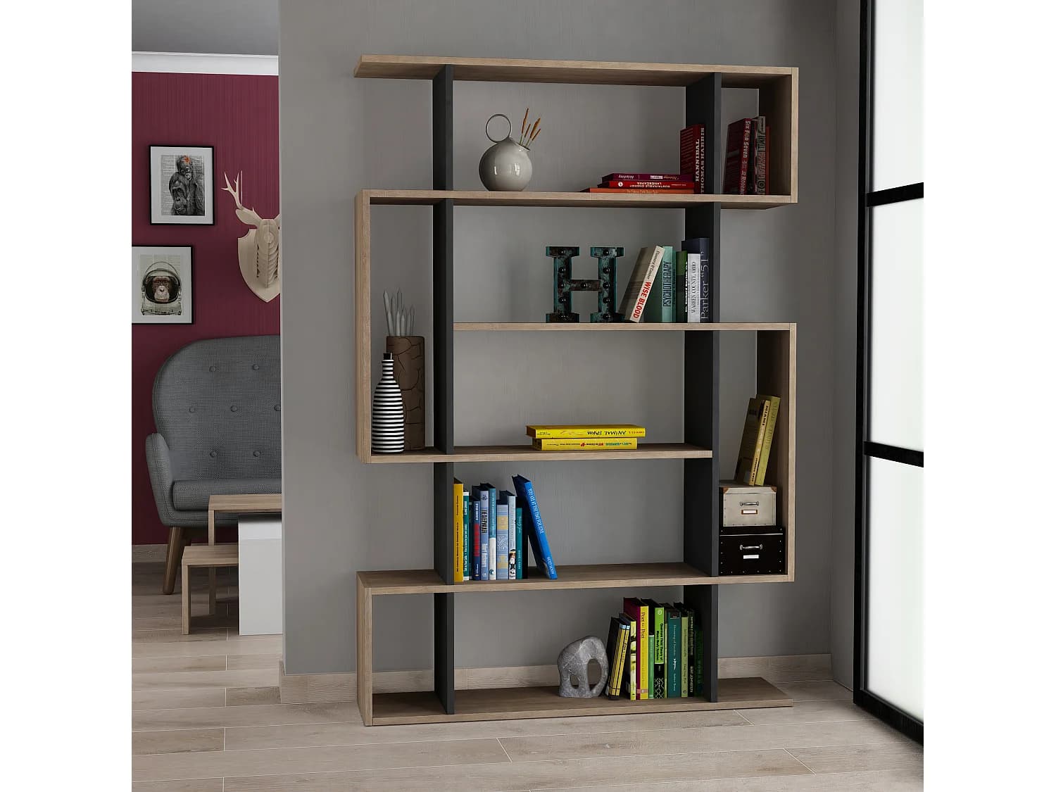 Decortie Gris Anthracite 25.5x108.5x161cm Bibliothèque avec panneaux de particules à 5 couches Unité d'affichage Mito