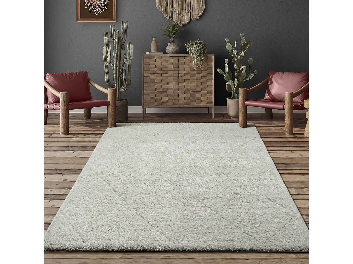 Tapis Bahar Shaggy motif losange, Crème, 240 x 340 cm